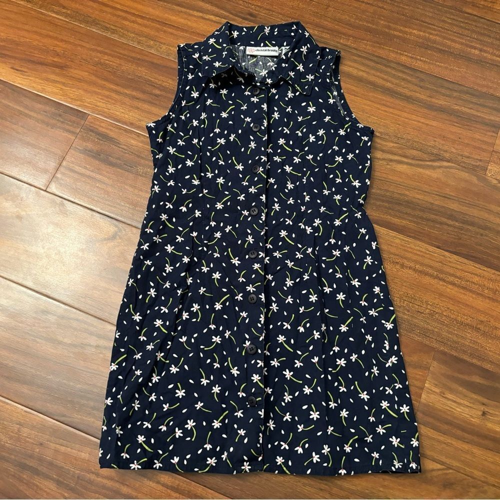 Christie Brooks vintage navy white floral button down collared sleeveless dress